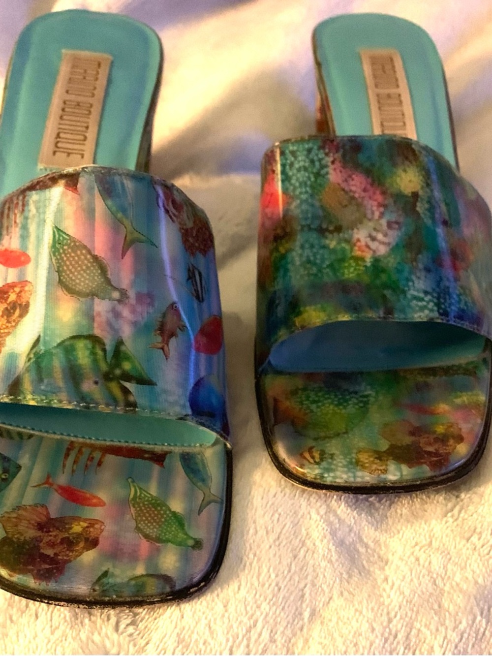 Vintage Palm Beach Marino Boutique Fish Holographic Kitten Slides Size 10 EC - Picture 3 of 8
